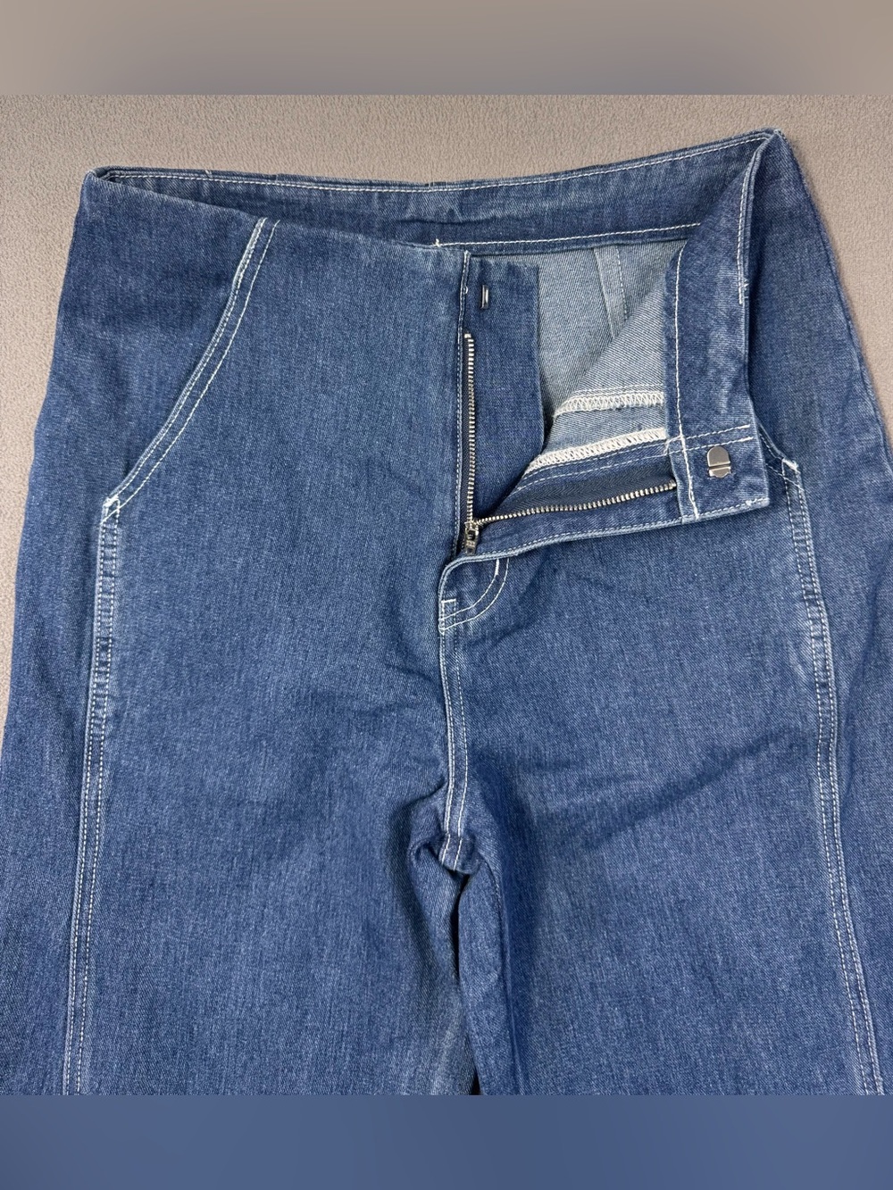 Cider Wide Leg Cropped Seam Panel Blue Denim 70’s Style Jeans, Size Medium - Picture 7 of 14